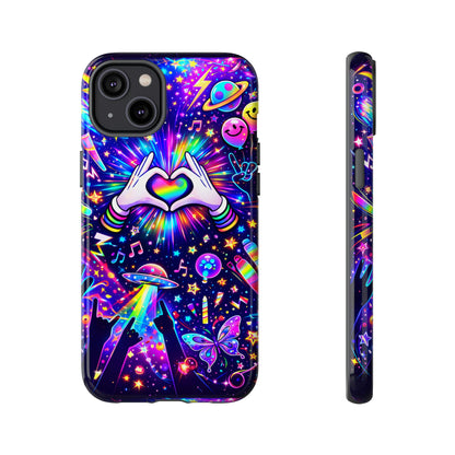Rainbow Heart Hands Phone Case – Neon Galaxy EDM Festival Tough Cover