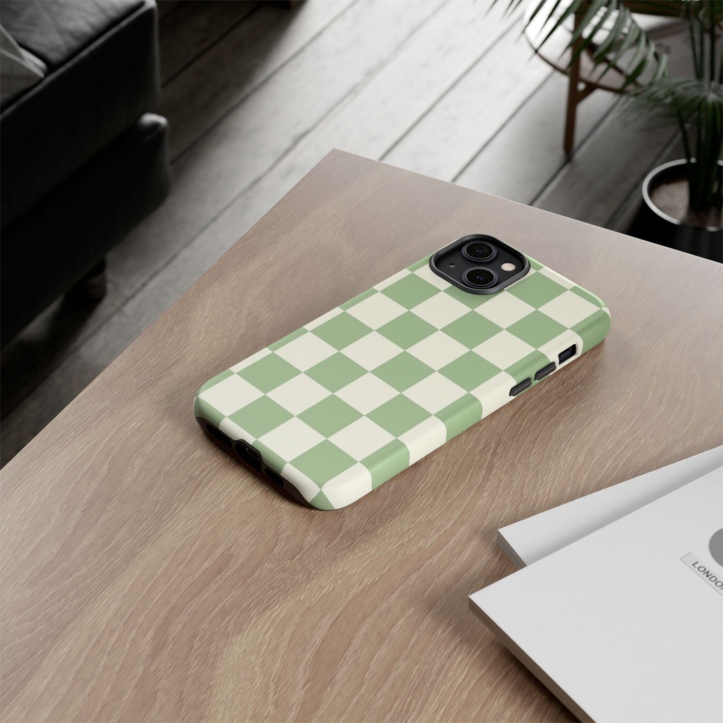 Sage Green Checkerboard Phone Case | Minimal Aesthetic Tough Case
