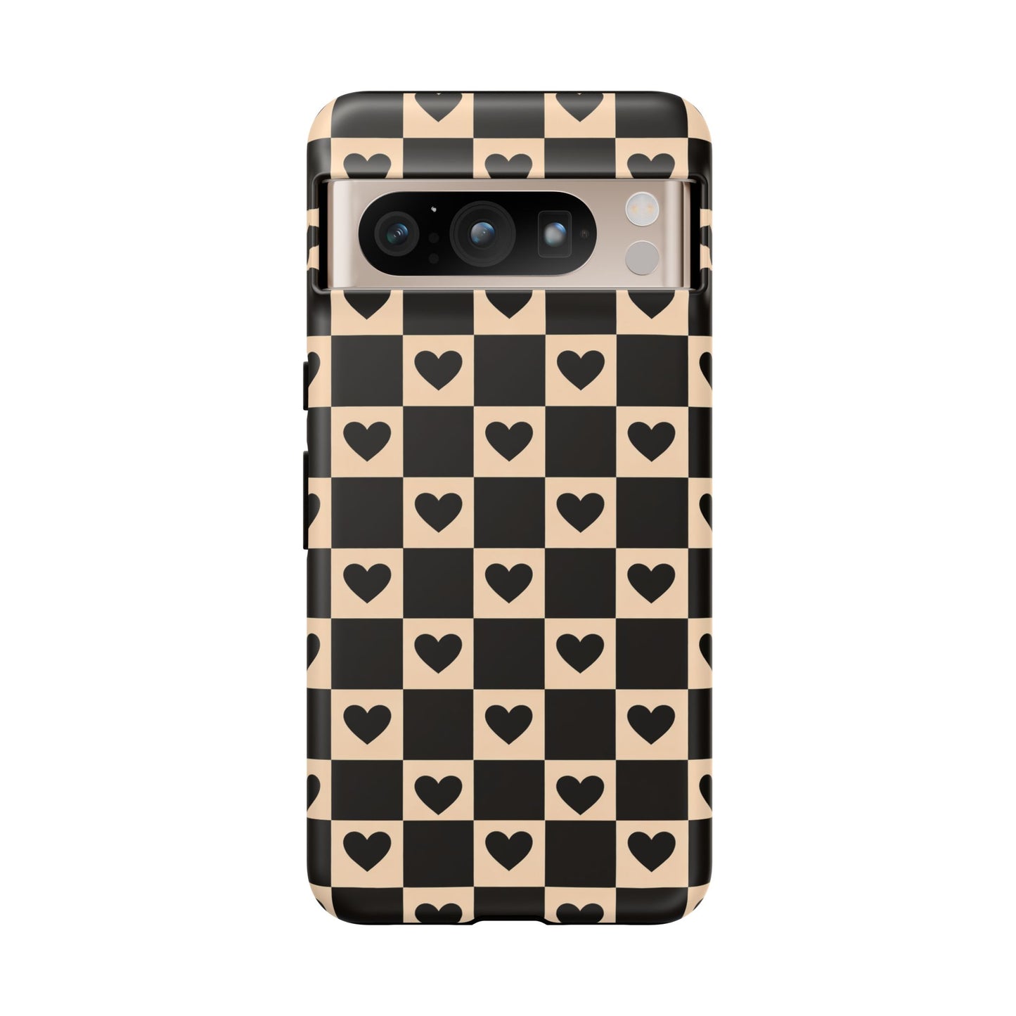 Checkerboard Heart Phone Case – Black & Beige Cute Aesthetic Protective Cover for Iphone, Samsung Galaxy and Pixel