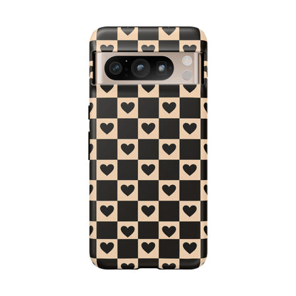 Checkerboard Heart Phone Case – Black & Beige Cute Aesthetic Protective Cover for Iphone, Samsung Galaxy and Pixel