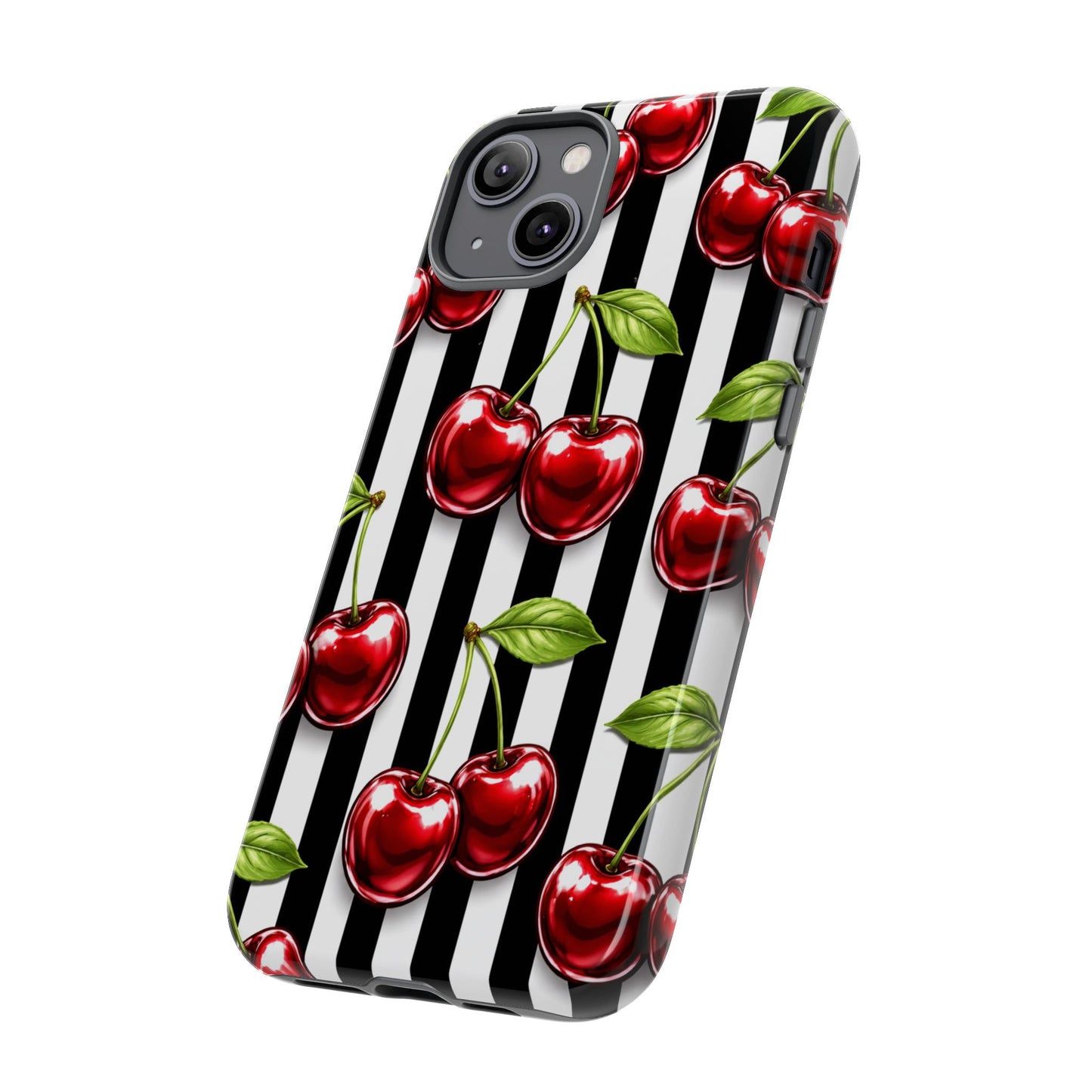 Cherry Pattern Phone Case Black White Stripe Retro Aesthetic Tough Cover