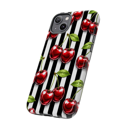 Cherry Pattern Phone Case Black White Stripe Retro Aesthetic Tough Cover
