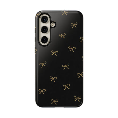 Black Phone Case with Gold Bow Pattern – Slim Protective Cute Aesthetic Cover for Iphone, Samsung Galaxy and Pixel