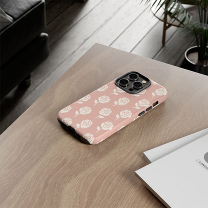 White Rose Pattern Tough Phone Case | Elegant Floral Aesthetic Case for Iphone, Samsung Galaxy and Pixel