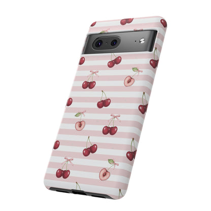 Pink Cherry Stripe Phone Case | Cute Coquette Aesthetic Protective Tough Case