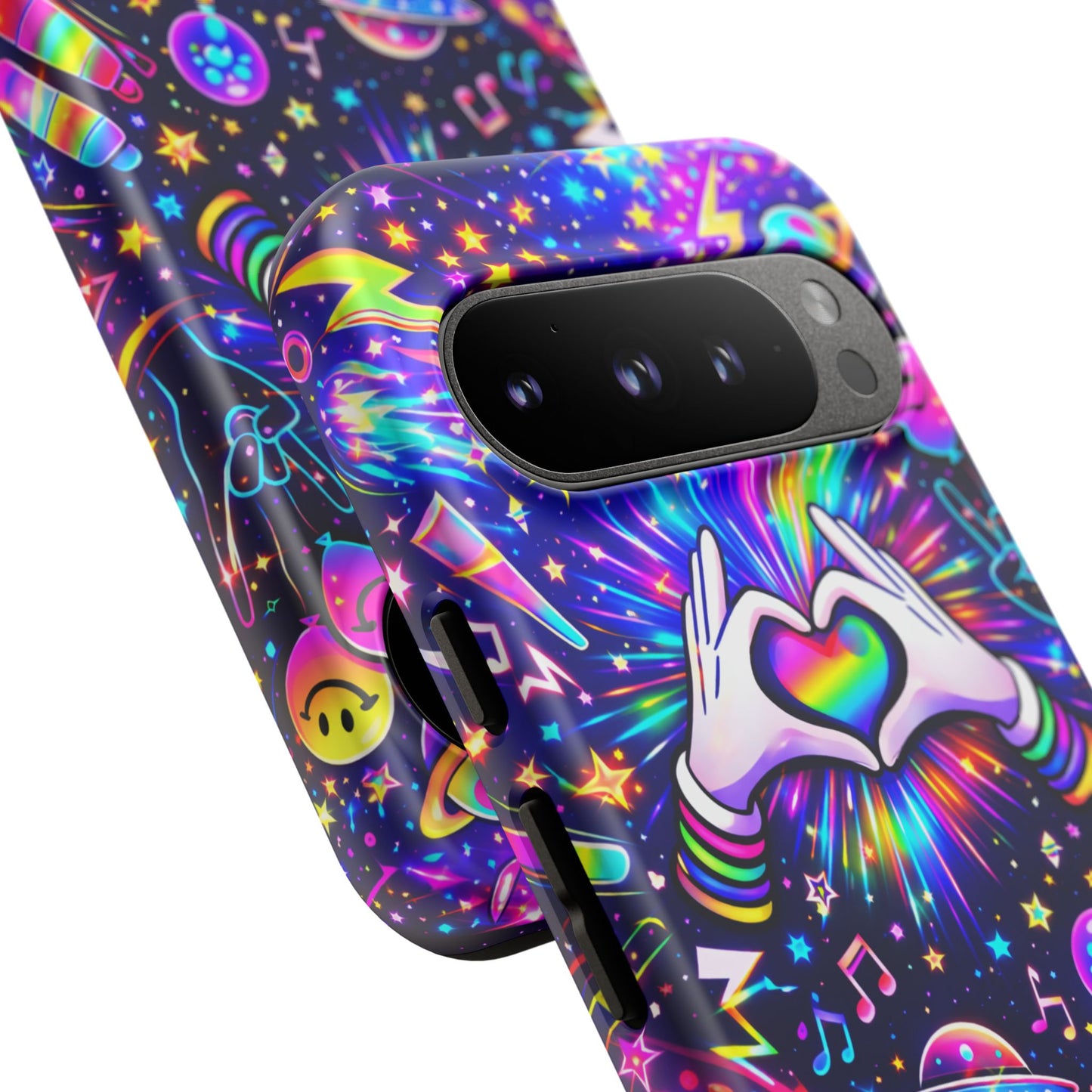 Rainbow Heart Hands Phone Case – Neon Galaxy EDM Festival Tough Cover