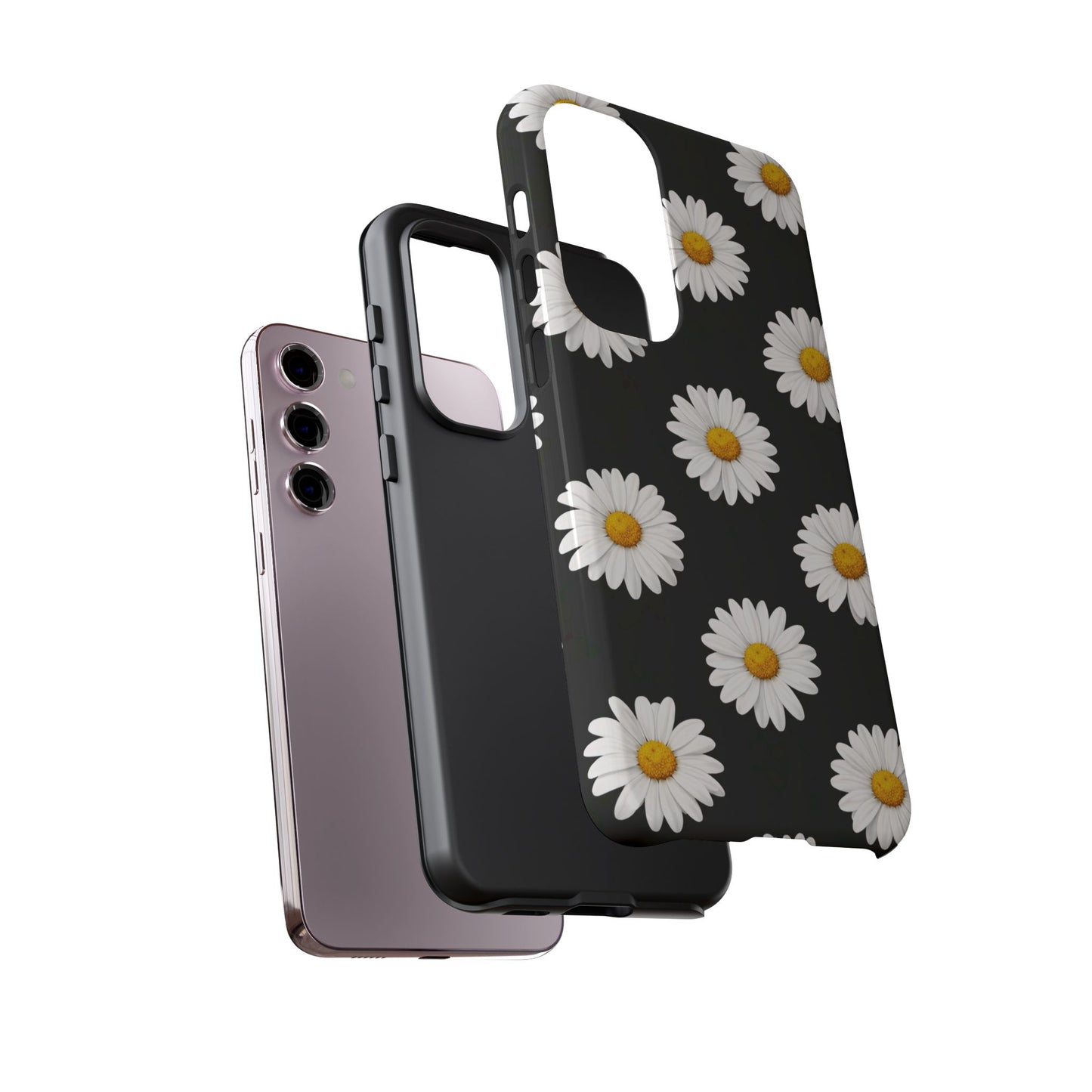 Black Daisy Floral Tough Phone Case – Cute Protective Cover for Iphone, Samsung Galaxy and Pixel