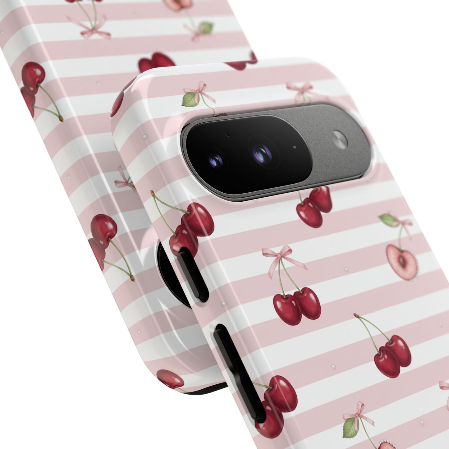 Pink Cherry Stripe Phone Case | Cute Coquette Aesthetic Protective Tough Case