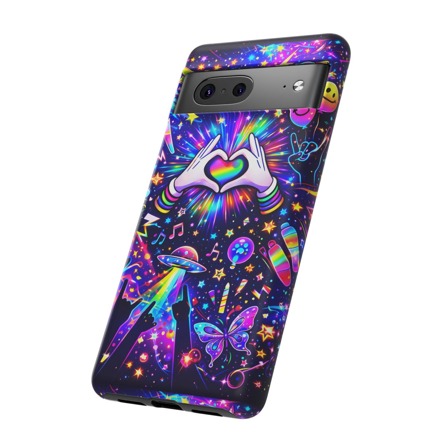 Rainbow Heart Hands Phone Case – Neon Galaxy EDM Festival Tough Cover
