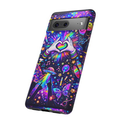 Rainbow Heart Hands Phone Case – Neon Galaxy EDM Festival Tough Cover