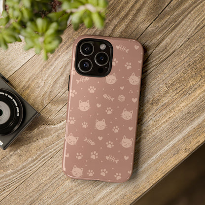 Cute Cat Pattern Phone Case | Paw Prints, Fishbone & Yarn Design Tough Case