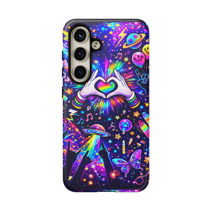 Rainbow Heart Hands Phone Case – Neon Galaxy EDM Festival Tough Cover