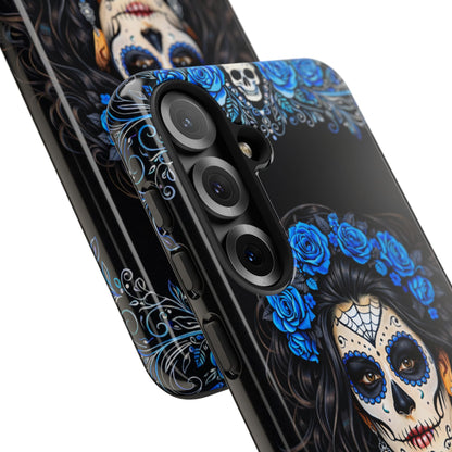 Blue Sugar Skull Woman Phone Case – Day of the Dead Aesthetic Tough Cover