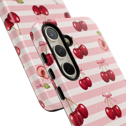 Coquette Cherry Bow Phone Case | Cute Pink Aesthetic Cherry Pattern Tough Case for iPhone & Samsung