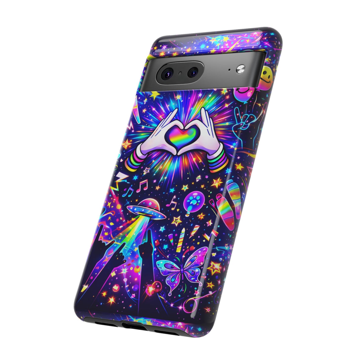 Rainbow Heart Hands Phone Case – Neon Galaxy EDM Festival Tough Cover