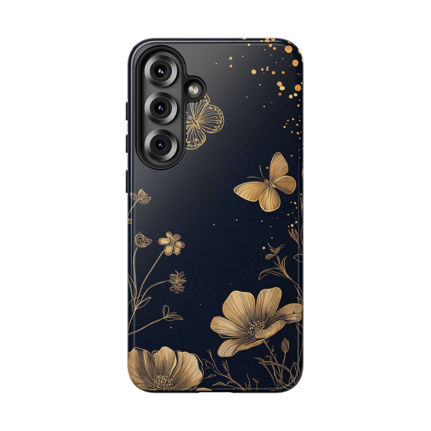 Gold Floral Butterfly Phone Case, Dark Aesthetic Botanical, Elegant Black Luxury iPhone Samsung Cover