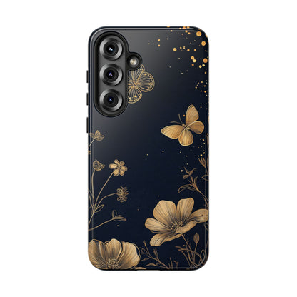 Gold Floral Butterfly Phone Case, Dark Aesthetic Botanical, Elegant Black Luxury iPhone Samsung Cover