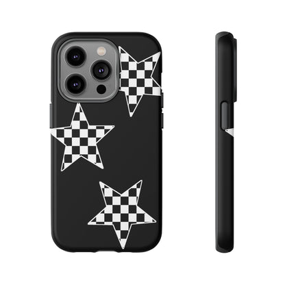 Checkered Star Tough Phone Case – Black Retro Graphic Protective Cover for Iphone, Samsung Galaxy and Pixel