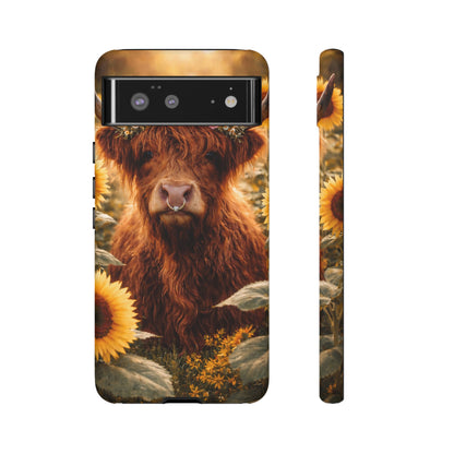 Highland Cow Sunflower Phone Case | Floral Farmhouse iPhone, Samsung Galaxy and Pixel Cover