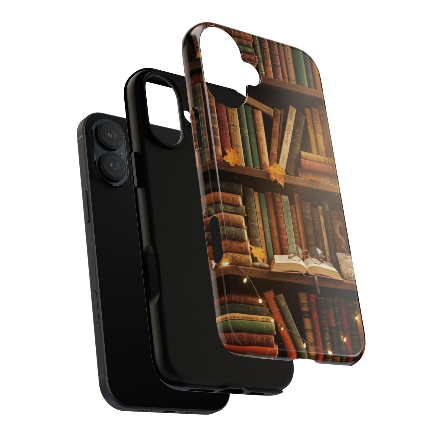 Cozy Vintage Bookshelf Phone Case, Library Aesthetic Book Stack, Autumn Coffee Vibes (iPhone, Samsung, Pixel)