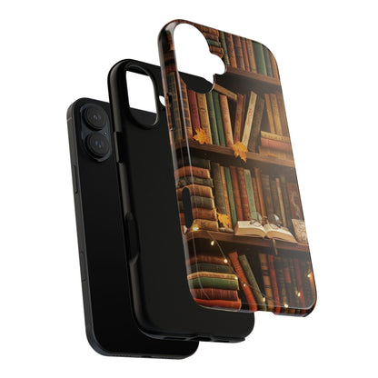 Cozy Vintage Bookshelf Phone Case, Library Aesthetic Book Stack, Autumn Coffee Vibes (iPhone, Samsung, Pixel)