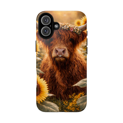 Highland Cow Sunflower Phone Case | Floral Farmhouse iPhone, Samsung Galaxy and Pixel Cover