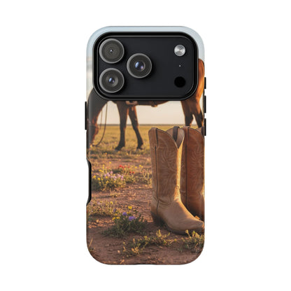 Western Cowboy Boots Phone Case – Rustic Horse Sunset Tough Case (iPhone, Samsung, Pixel)