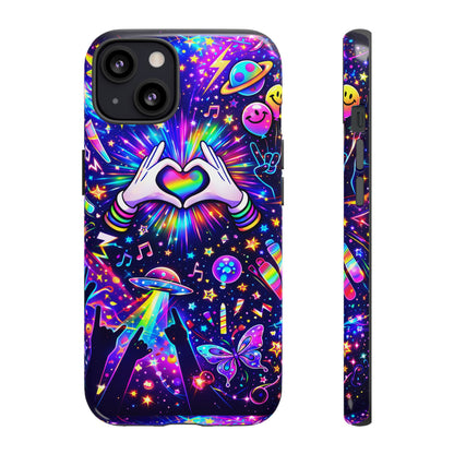 Rainbow Heart Hands Phone Case – Neon Galaxy EDM Festival Tough Cover