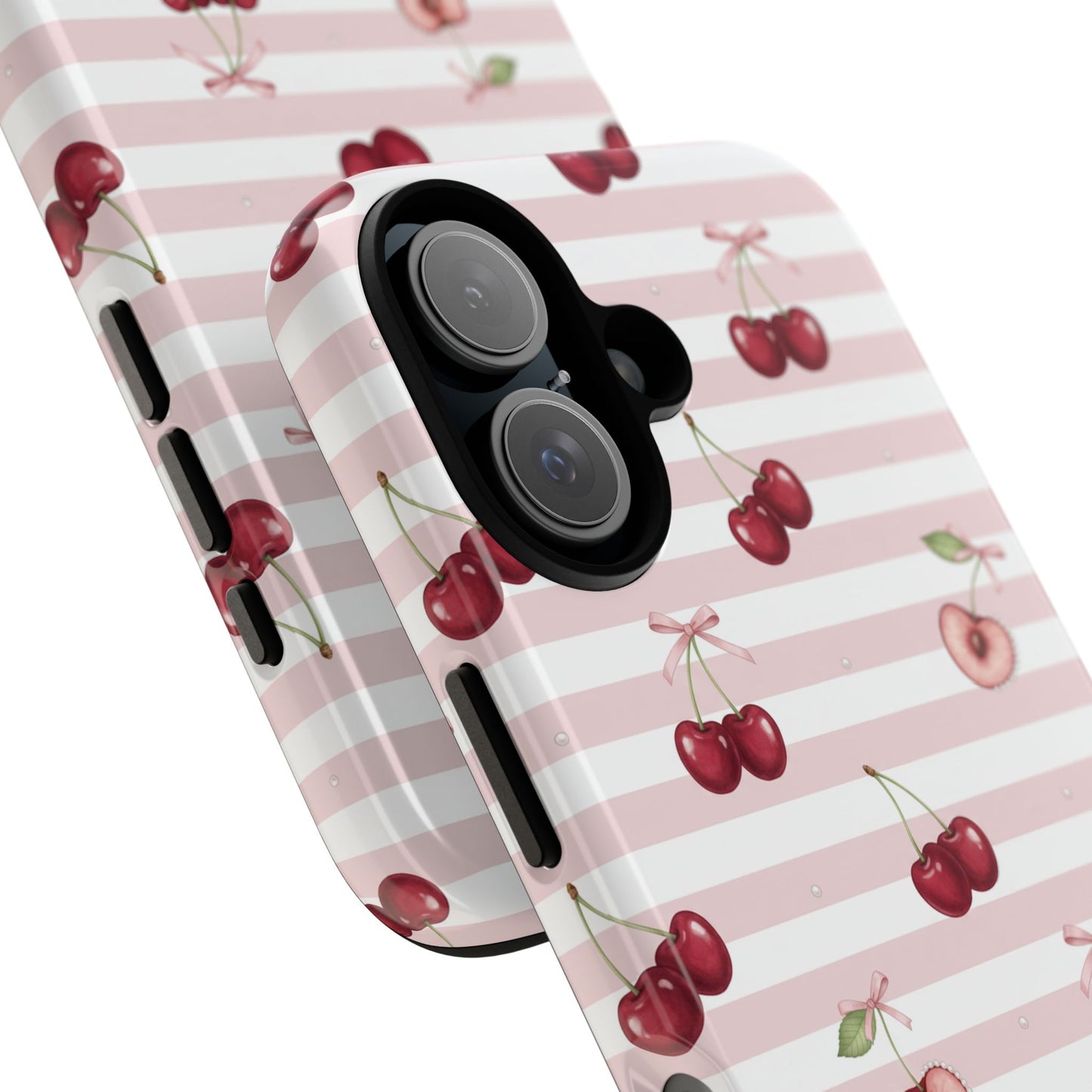 Pink Cherry Stripe Phone Case | Cute Coquette Aesthetic Protective Tough Case