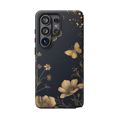 Gold Floral Butterfly Phone Case, Dark Aesthetic Botanical, Elegant Black Luxury iPhone Samsung Cover