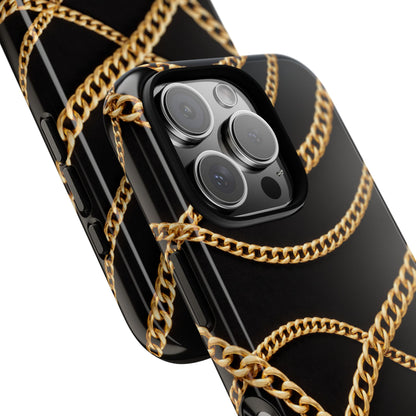 Luxury Gold Chain Phone Case – Black Designer Style Tough Protective Cover for Iphone, Samsung Galaxy and Pixel