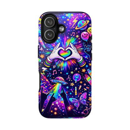 Rainbow Heart Hands Phone Case – Neon Galaxy EDM Festival Tough Cover
