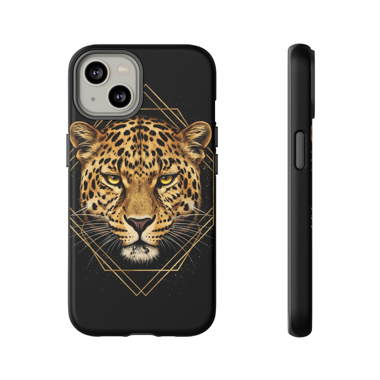 Leopard Head Geometric Phone Case – Black & Gold Luxe Tough Case