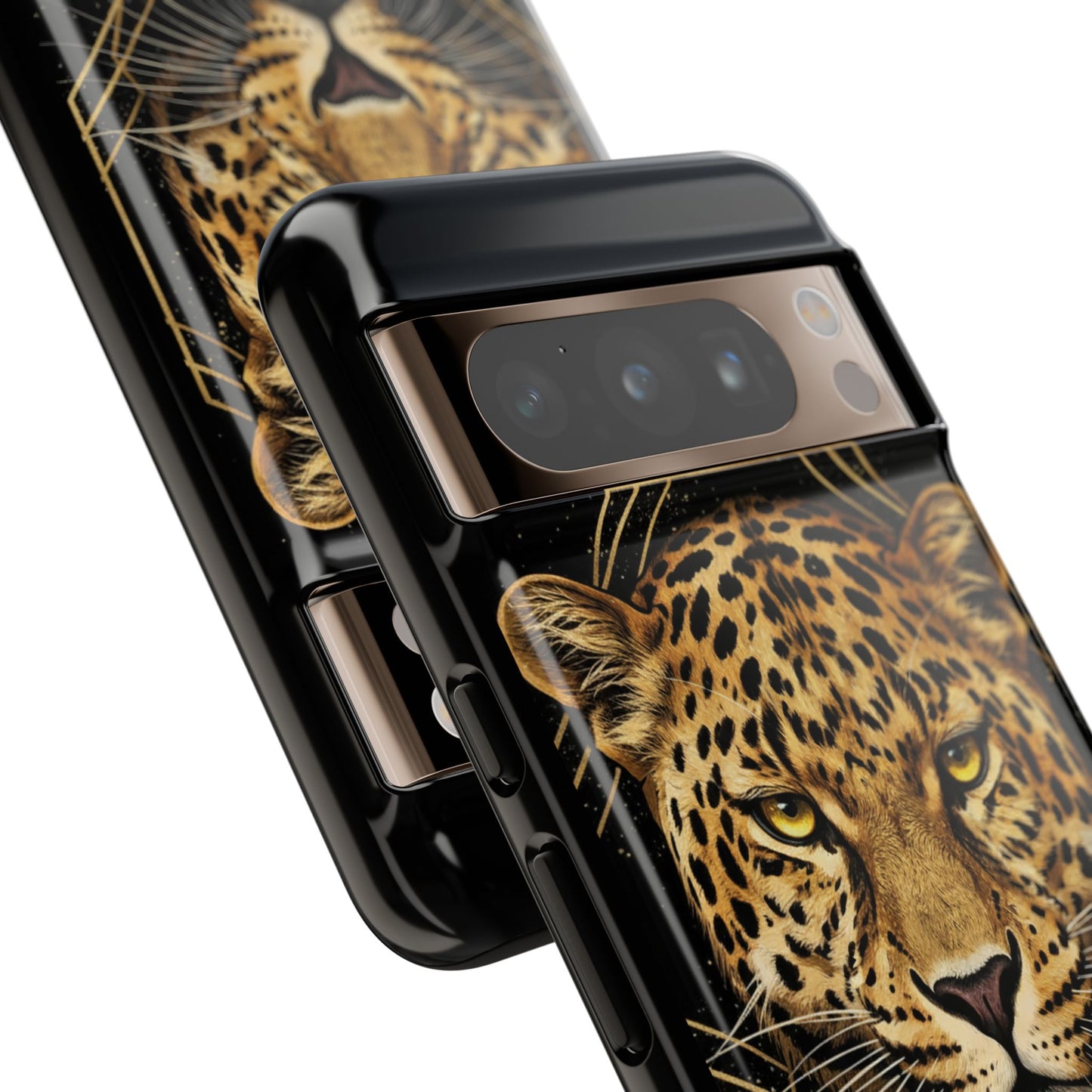 Leopard Head Geometric Phone Case – Black & Gold Luxe Tough Case