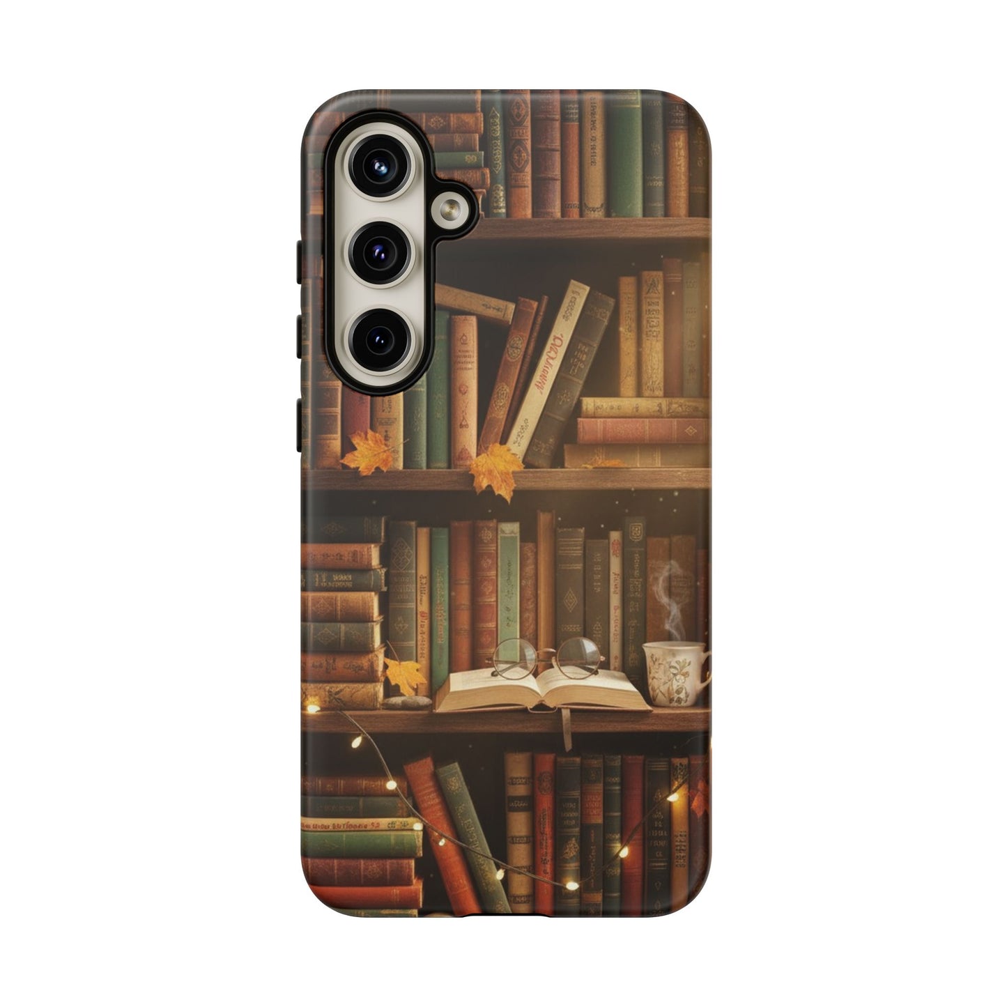 Cozy Vintage Bookshelf Phone Case, Library Aesthetic Book Stack, Autumn Coffee Vibes (iPhone, Samsung, Pixel)