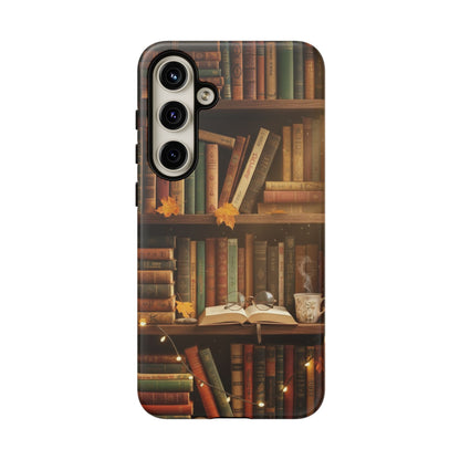 Cozy Vintage Bookshelf Phone Case, Library Aesthetic Book Stack, Autumn Coffee Vibes (iPhone, Samsung, Pixel)