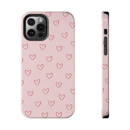Pink Doodle Hearts Phone Case | Minimal Cute Heart Pattern Tough Case