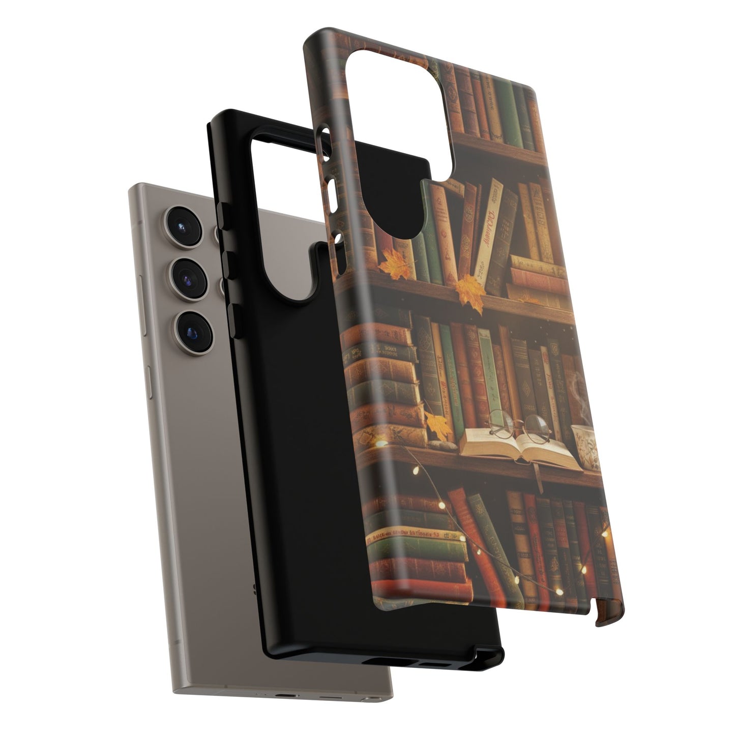 Cozy Vintage Bookshelf Phone Case, Library Aesthetic Book Stack, Autumn Coffee Vibes (iPhone, Samsung, Pixel)