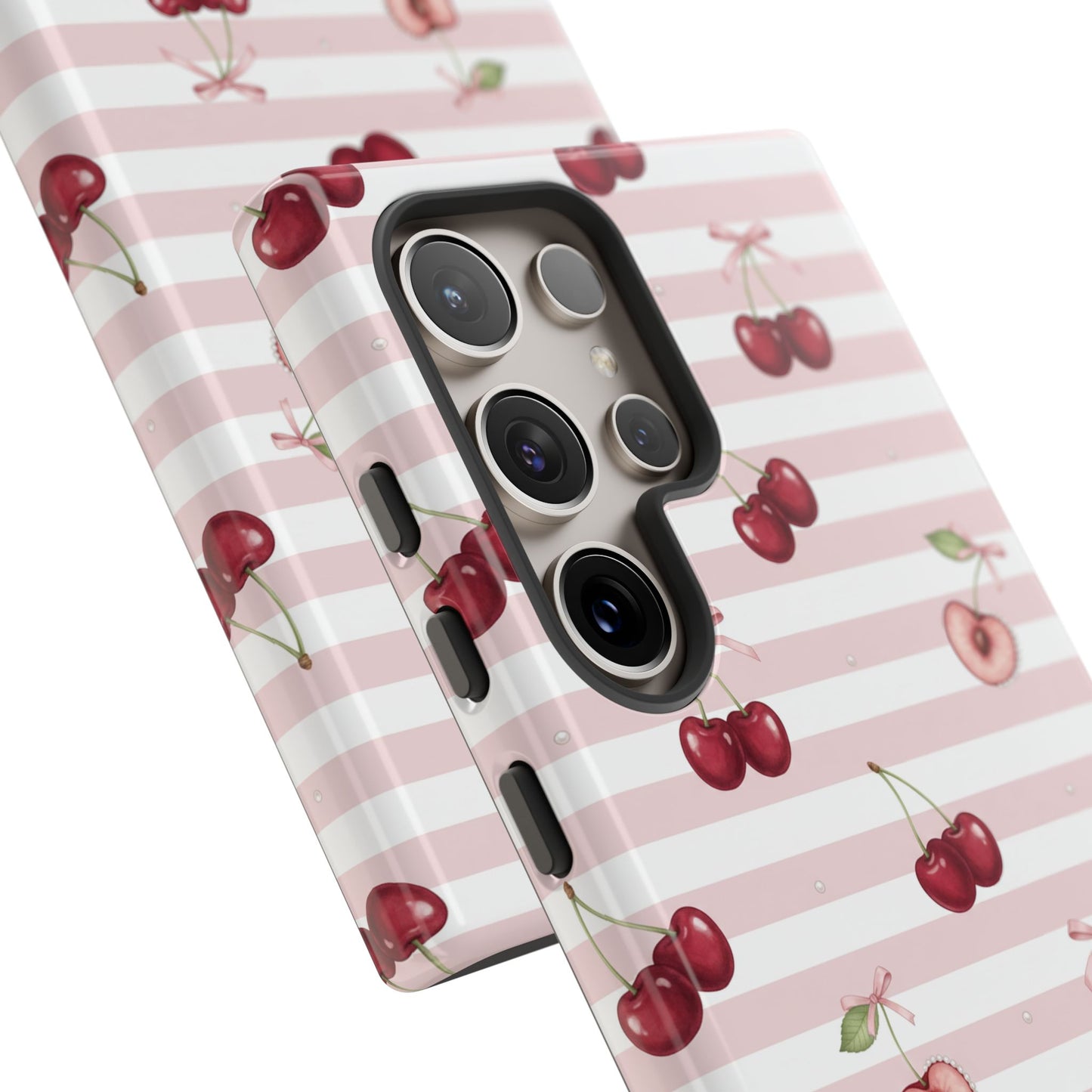 Pink Cherry Stripe Phone Case | Cute Coquette Aesthetic Protective Tough Case