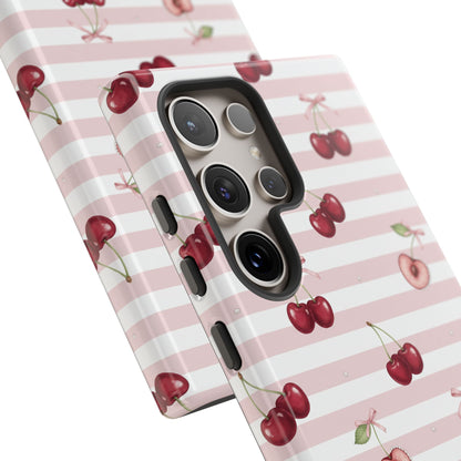 Pink Cherry Stripe Phone Case | Cute Coquette Aesthetic Protective Tough Case