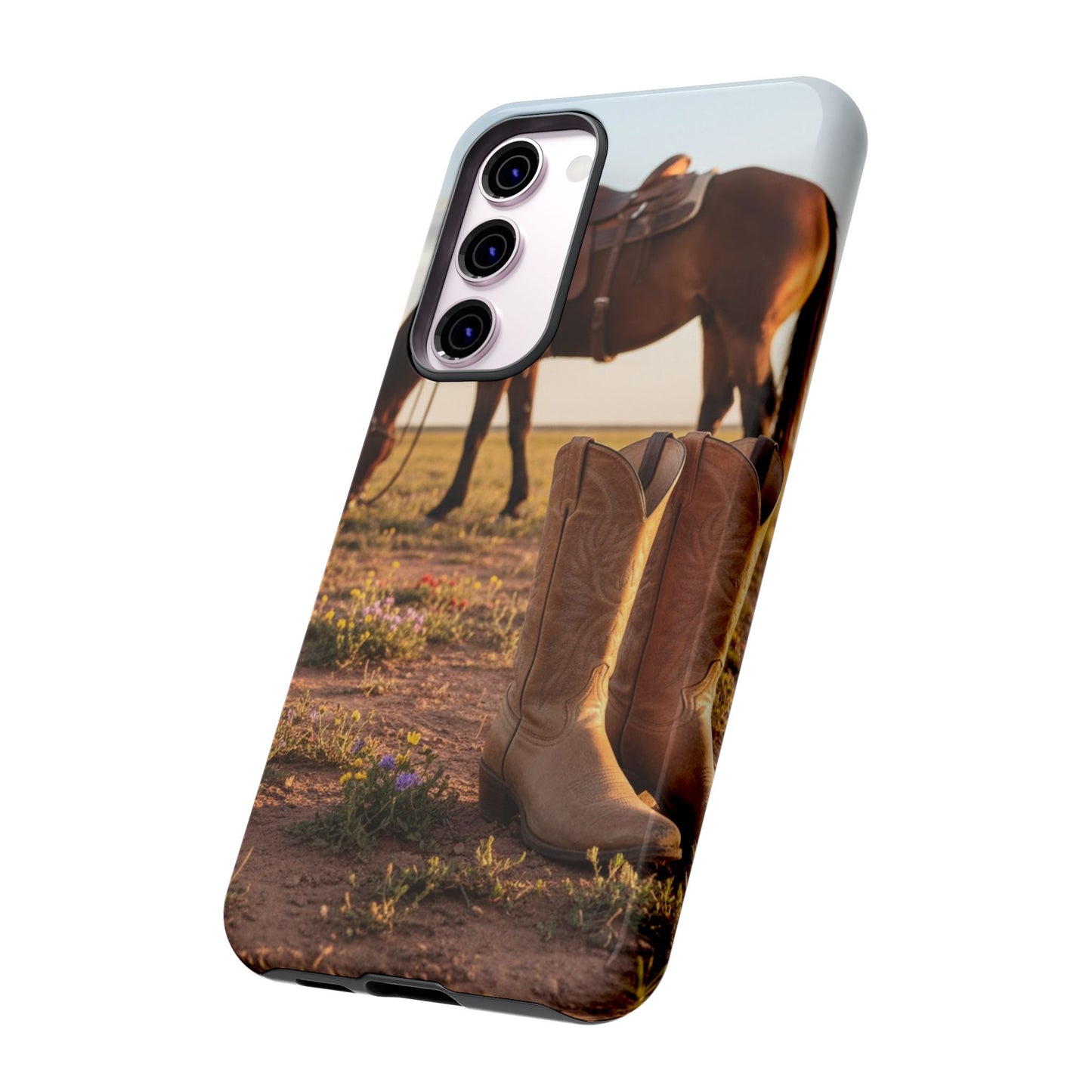 Western Cowboy Boots Phone Case – Rustic Horse Sunset Tough Case (iPhone, Samsung, Pixel)