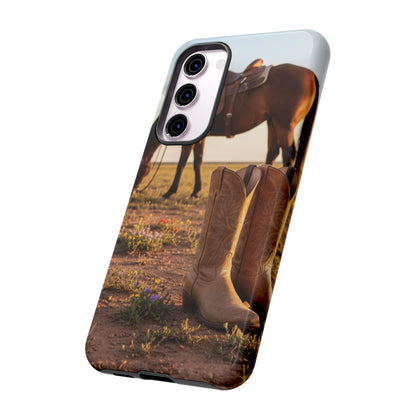 Western Cowboy Boots Phone Case – Rustic Horse Sunset Tough Case (iPhone, Samsung, Pixel)