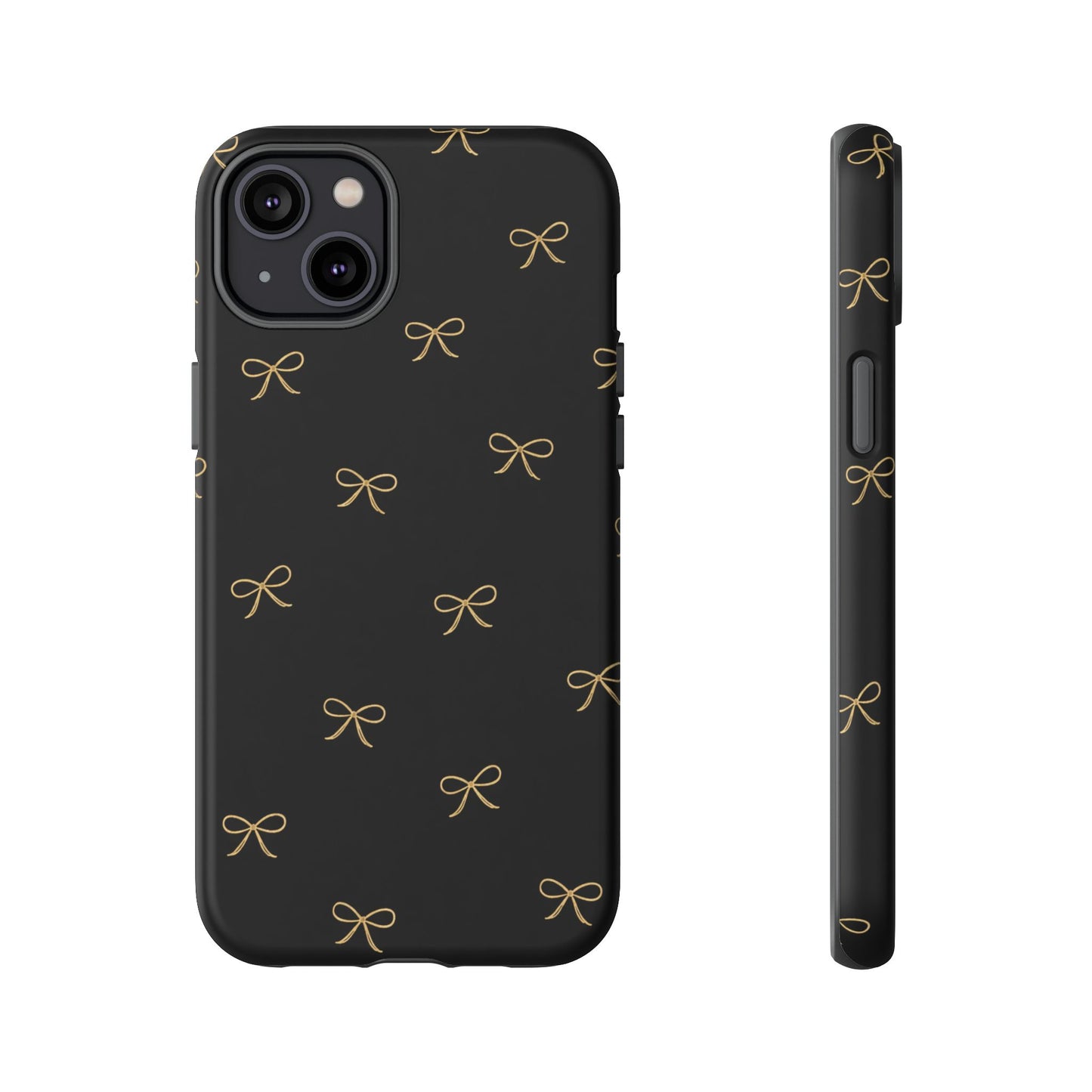 Black Phone Case with Gold Bow Pattern – Slim Protective Cute Aesthetic Cover for Iphone, Samsung Galaxy and Pixel