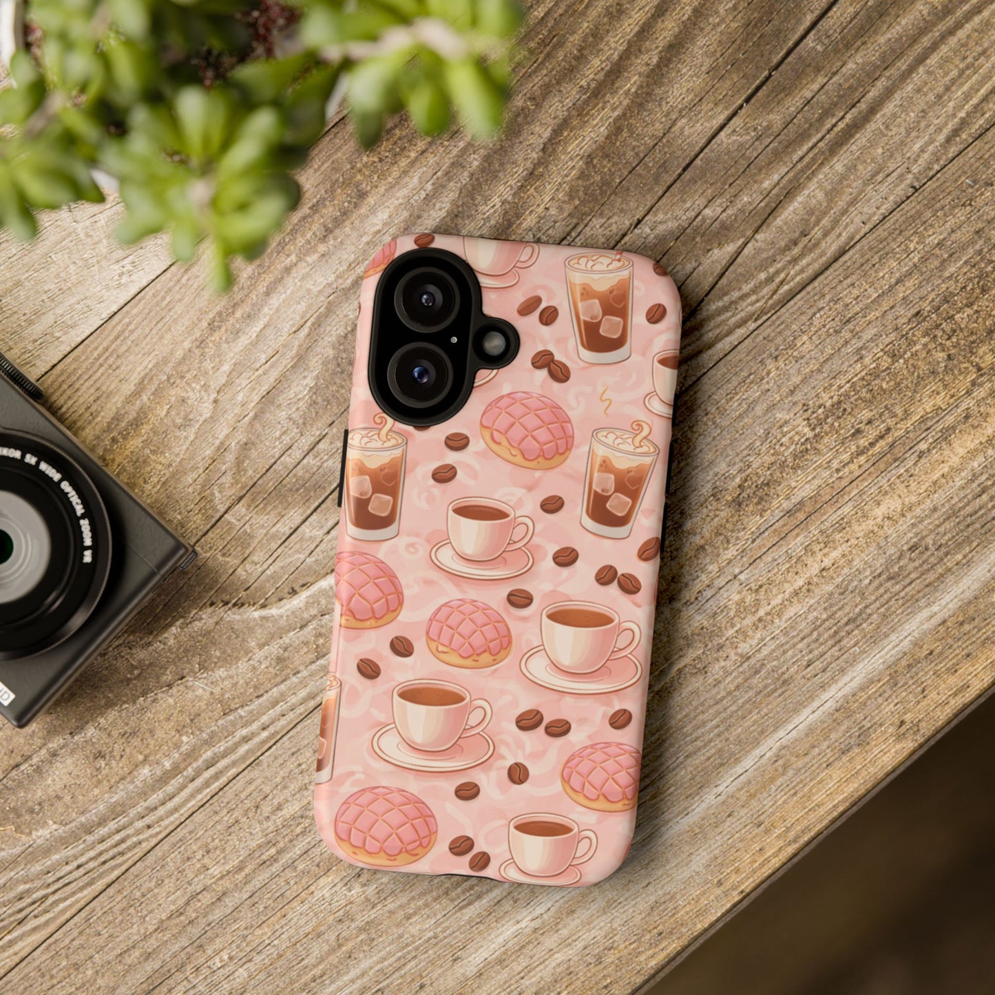 Cute Coffee & Pink Concha Phone Case – Coffee Lover Aesthetic Latte Pattern Tough Case