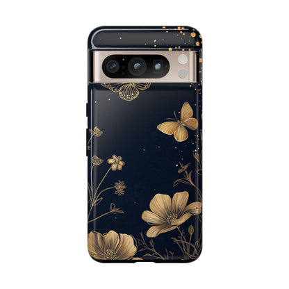 Gold Floral Butterfly Phone Case, Dark Aesthetic Botanical, Elegant Black Luxury iPhone Samsung Cover