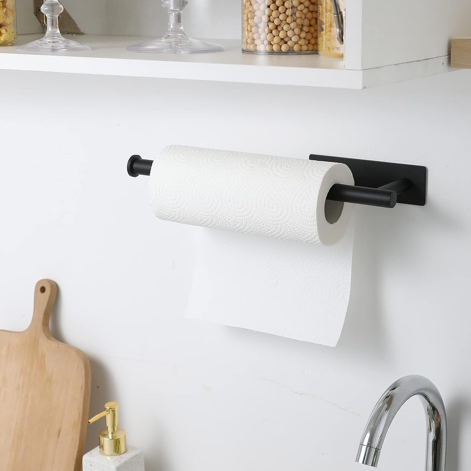 Paper Towel Holder - under Cabinet Paper Towel Holder for Kitchen, Adhesive Paper Towel Roll Rack for Bathroom Towel, Wall Mounted Matte Black Paper Towel Rack, SUS304 Stainless Steel