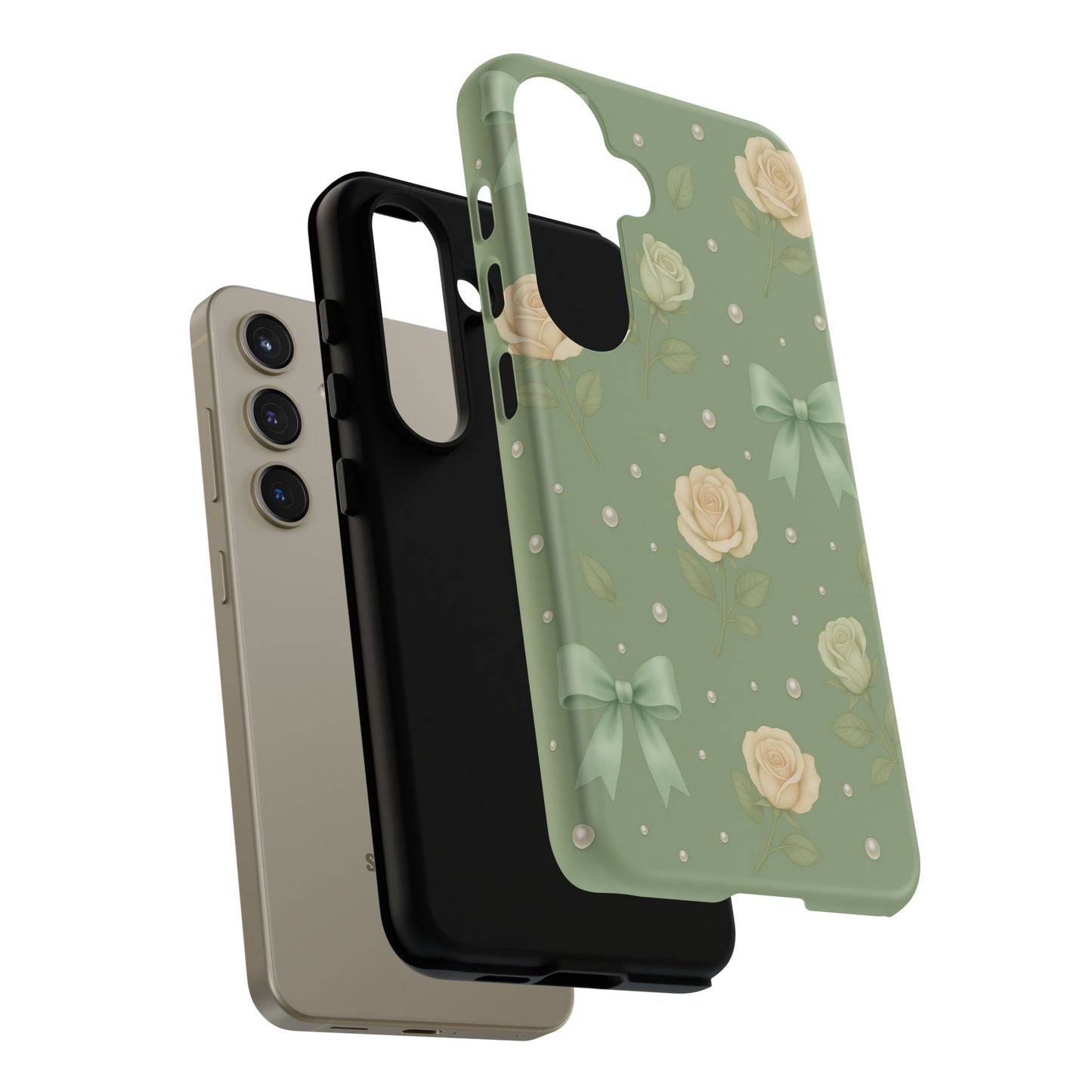 Vintage Rose Bow Phone Case – Sage Green Floral Coquette Aesthetic Tough Case (iPhone, Samsung, Pixel)