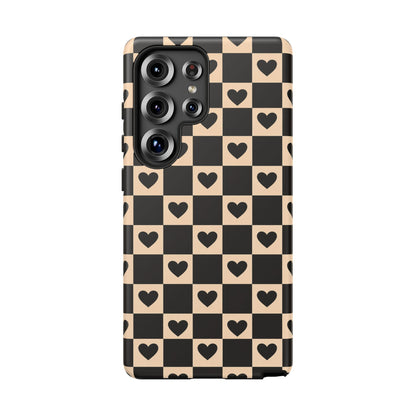 Checkerboard Heart Phone Case – Black & Beige Cute Aesthetic Protective Cover for Iphone, Samsung Galaxy and Pixel