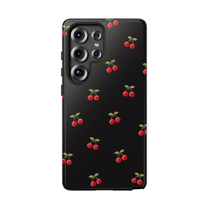 Cherry Pattern Phone Case — Slim Black Protective iPhone Case with Red Cherries for Iphone, Samsung Galaxy and Pixel