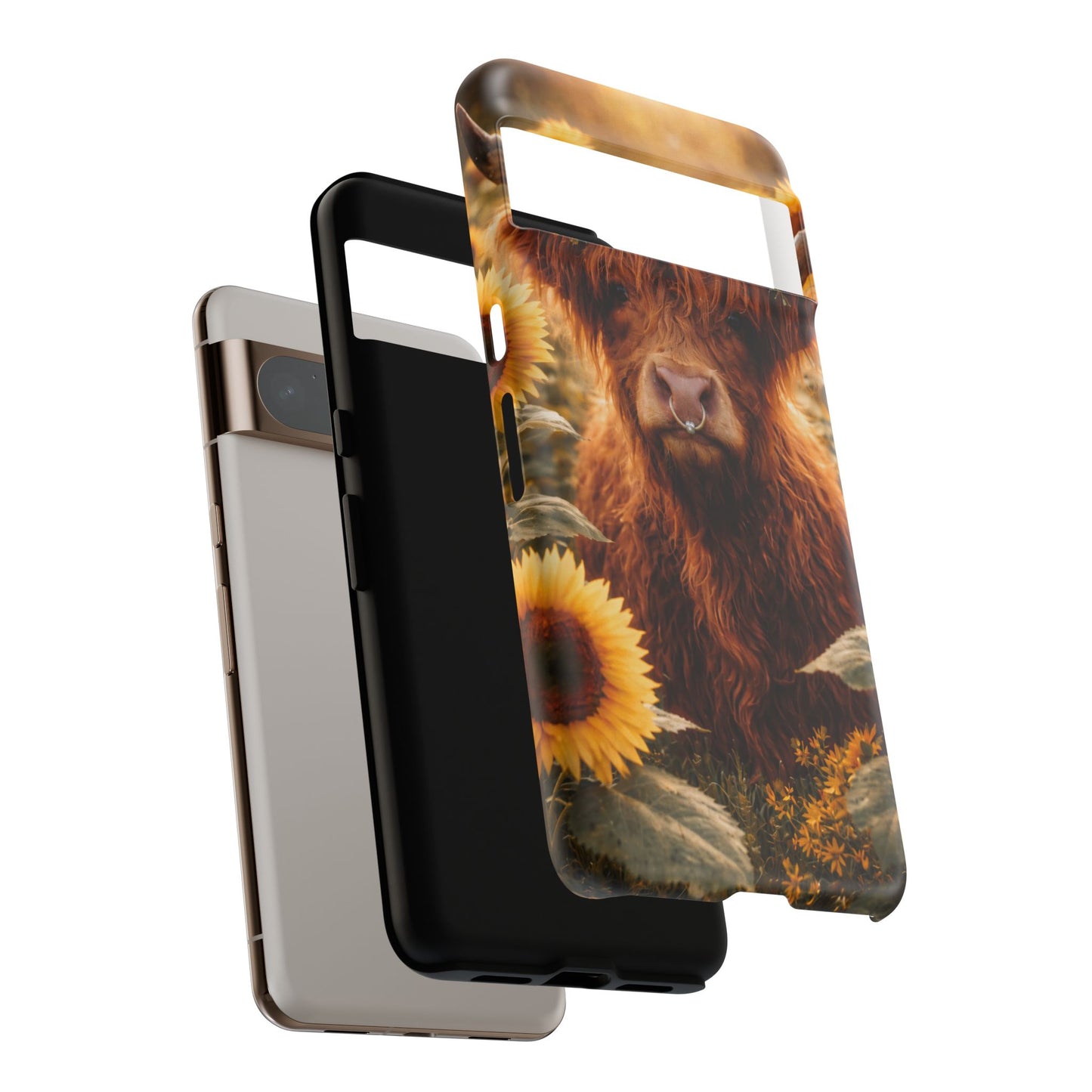 Highland Cow Sunflower Phone Case | Floral Farmhouse iPhone, Samsung Galaxy and Pixel Cover